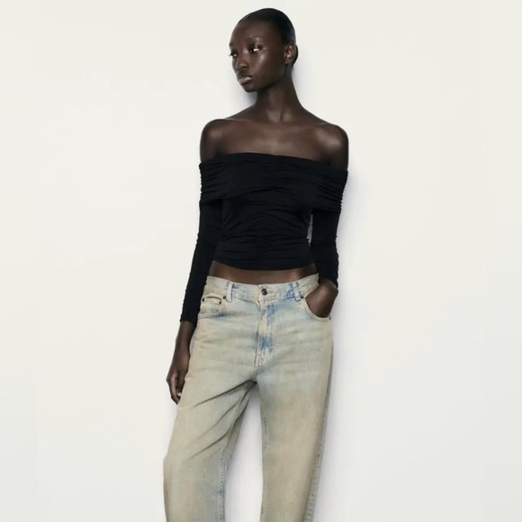 NWT ZARA RUCHED FITTED DRAPED TOP BLACK - Picture 1 of 5